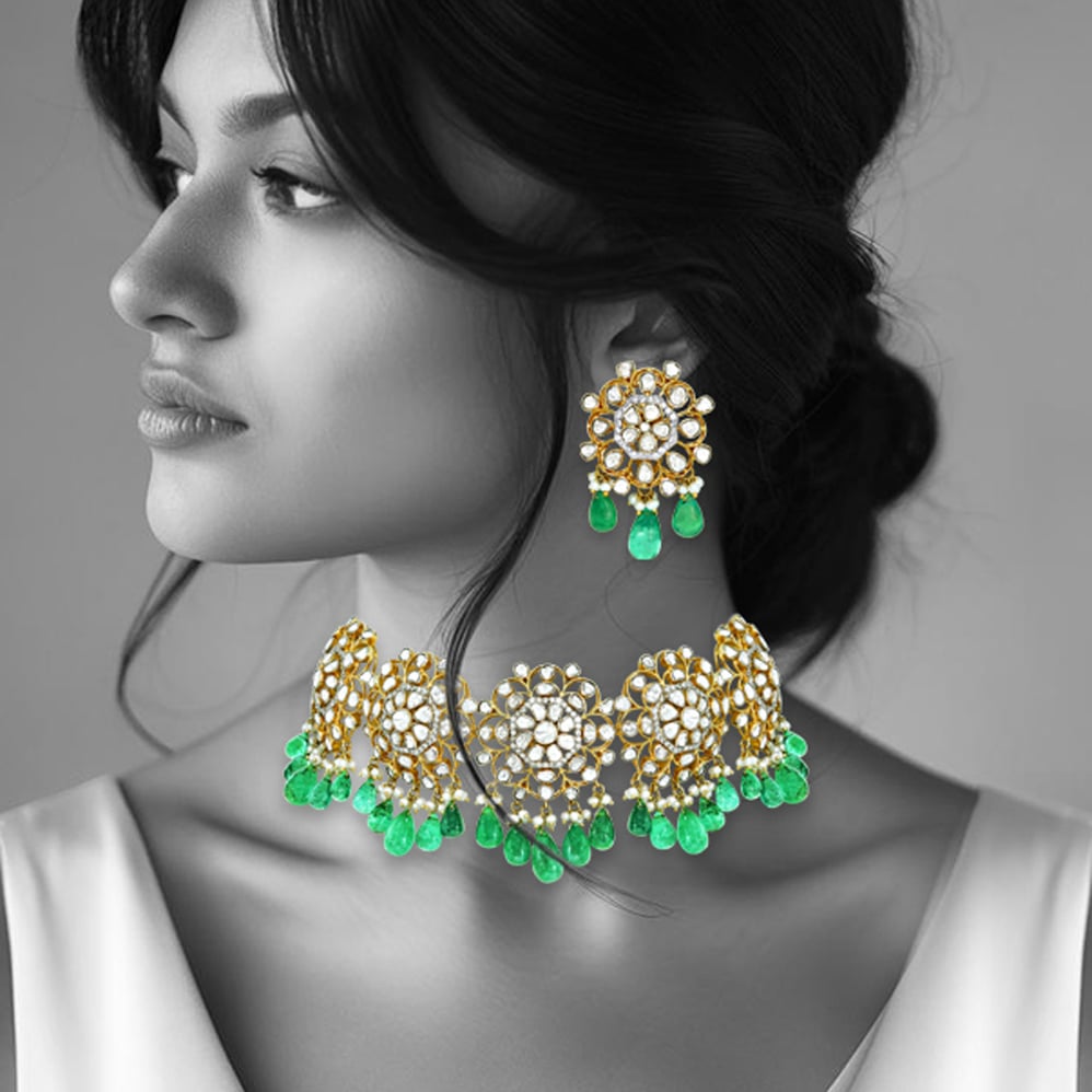 Polki Choker Set with Emerald Drops and Floral Motifs